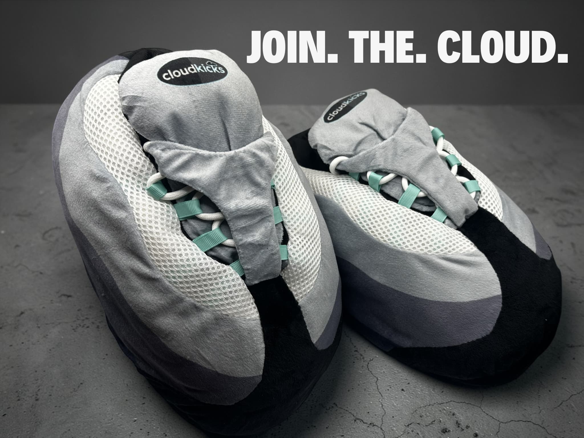 "Join. The. Cloud." set over a pair of Hyper Turquoise CloudKicks on concrete