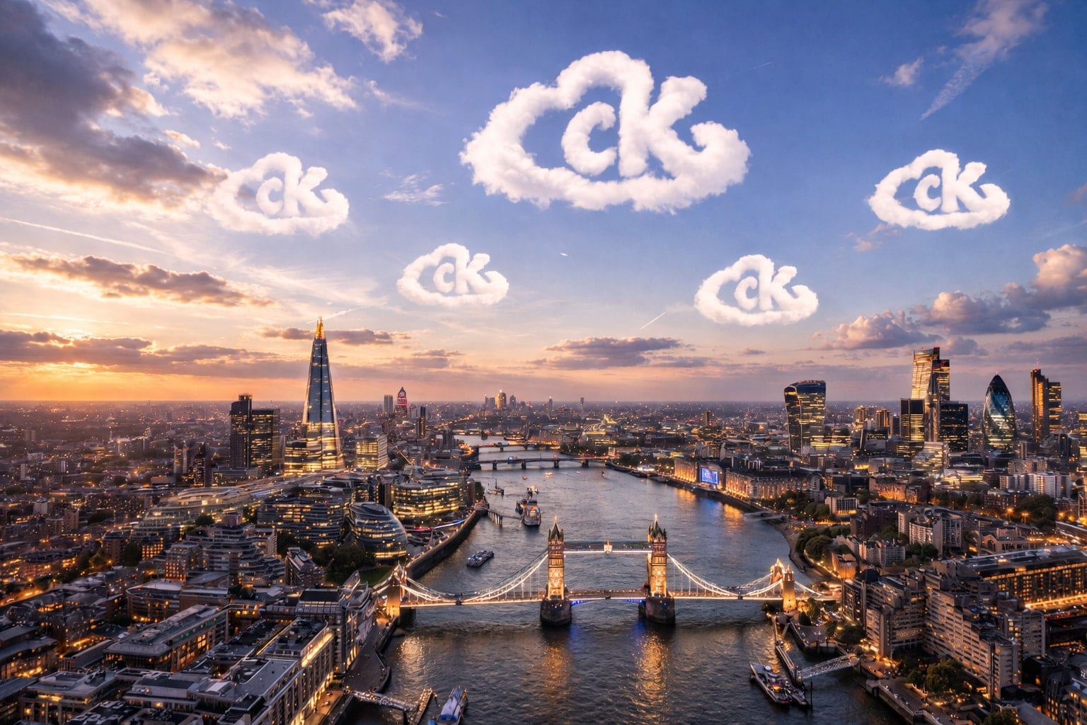 The London skyline at sunset with clouds shaped like the CloudKicks logo drifting over Tower Bridge