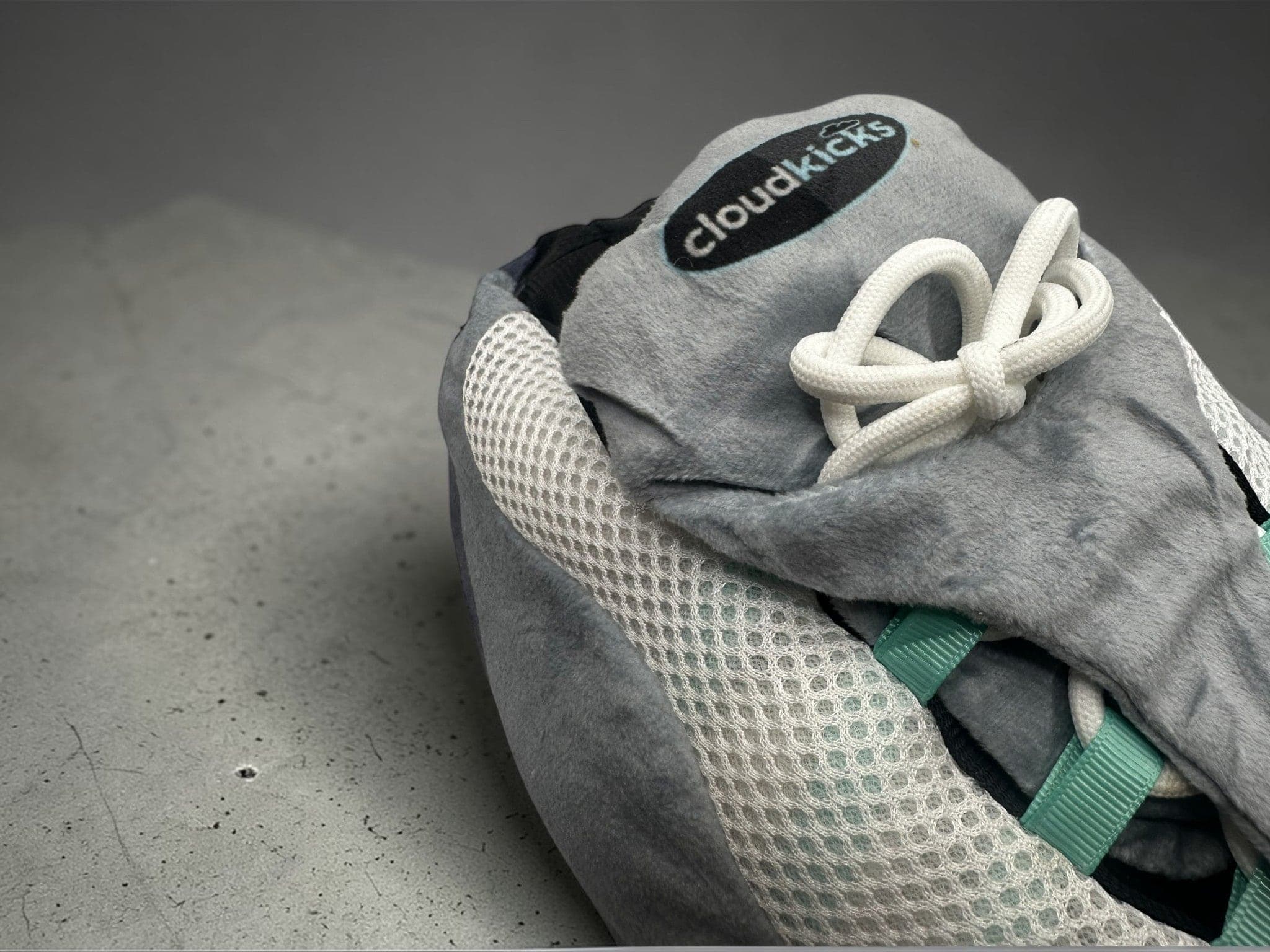 Close-up of the cloudkicks tongue badge and white rope lace