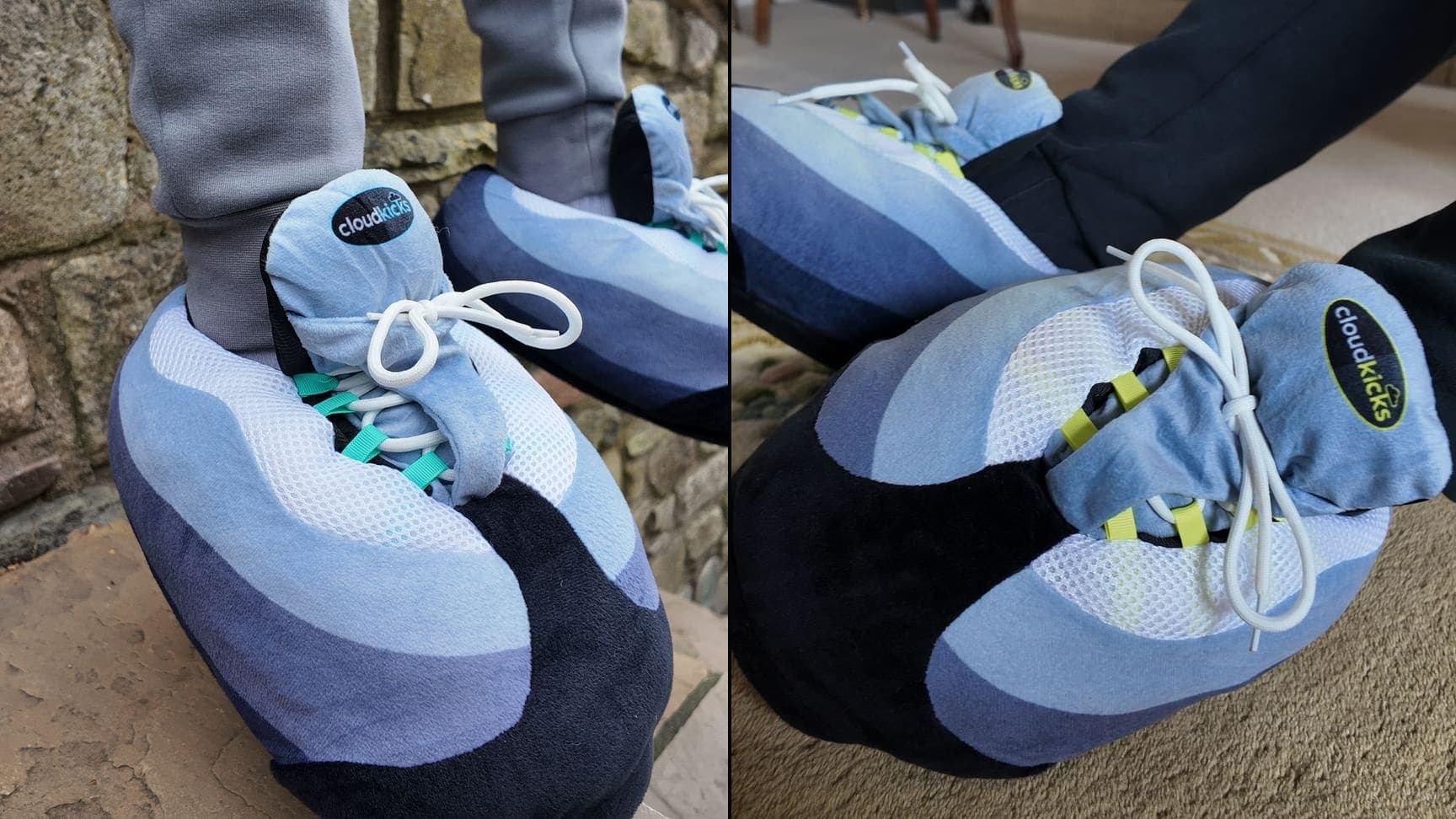 Hyper Turquoise and OG Neon CloudKicks side by side: turquoise lace loops on the left, neon on the right